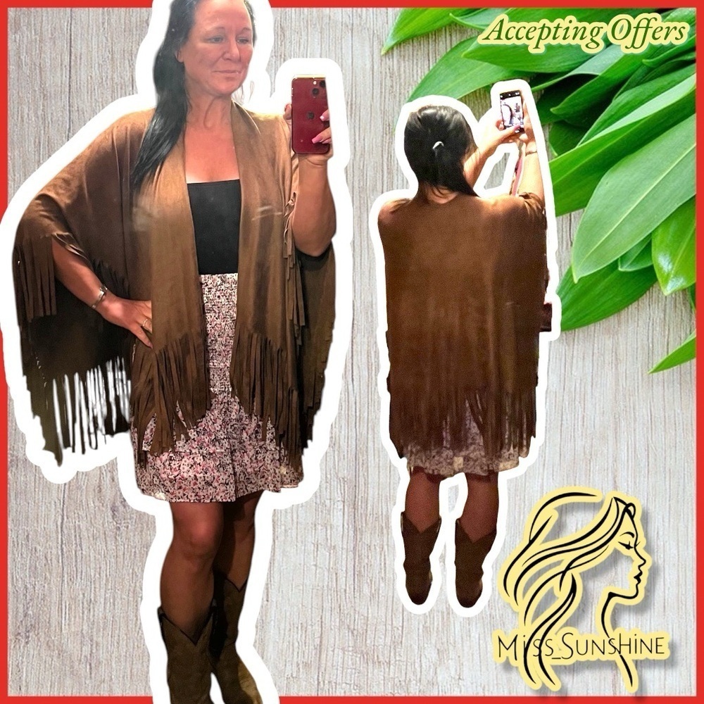 One Size - Western - Fringe - faux suede - Brown Shawl - great for chilly nights